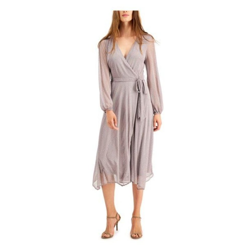 Alfani Women's Sparkle Mesh Gray Long Sleeve Wrap Midi Party Dress XS B1-14